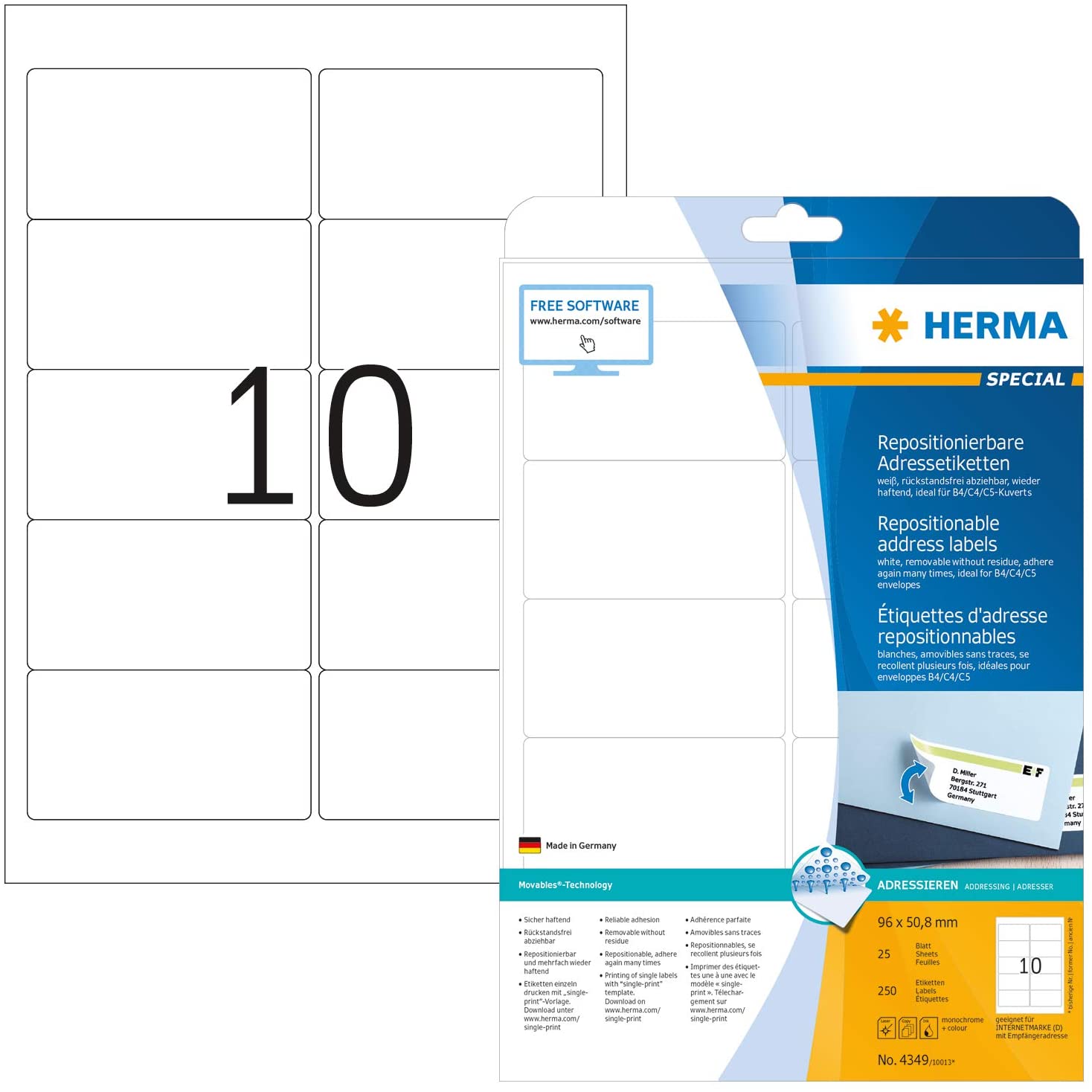 HERMA Self Adhesive Removable Address Mailing Labels, 10 Labels Per A4 Sheet, 250 Labels for Printers 96 x 50.8 mm (4349), White