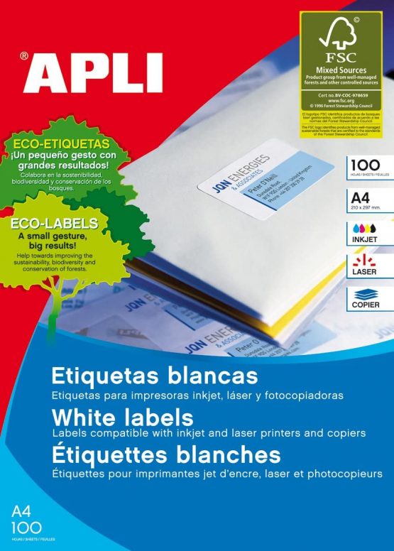 Apli 002639 - Box of 100 White Labels for Printer 105X57