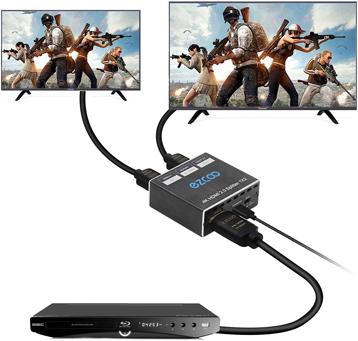 HDMI Splitter 1 in2 out 4K 60Hz 4:4:4 HDR Dolby Vision Dolby Atmos Firmware Upgrade HDCP2.2 Scaler 4K 1080P Scaler EDID Switch,USB Power