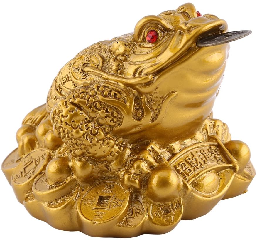 Walfront Lucky Money Frog Toad Golden Chinese Frog Feng Shui Toad Treasure Basin Statue with Coin Attract Wealth and Good Luck (65×60×50mm-Brass) - Image 2