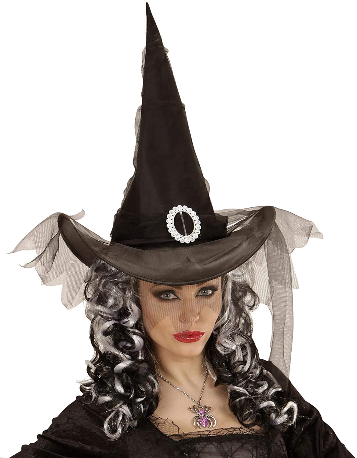 Black Witch Hat With Tulle Spooky Wicked Halloween Fancy Dress Accessory - Image 2