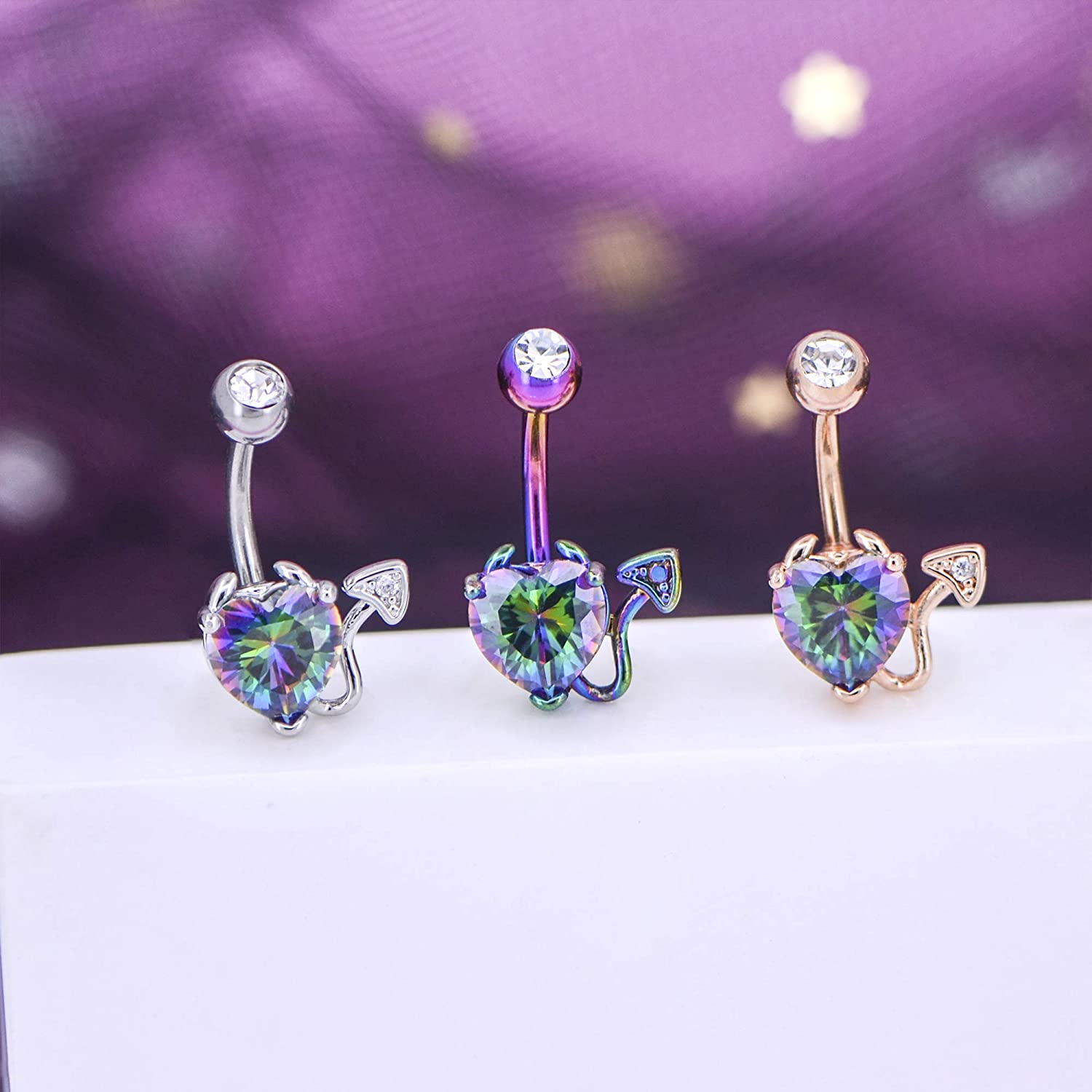 OUFER 14G Stainless Steel Navel Rings Devil Heart Belly Button Rings Iridescent CZ Body Piercing Colorful - Image 4