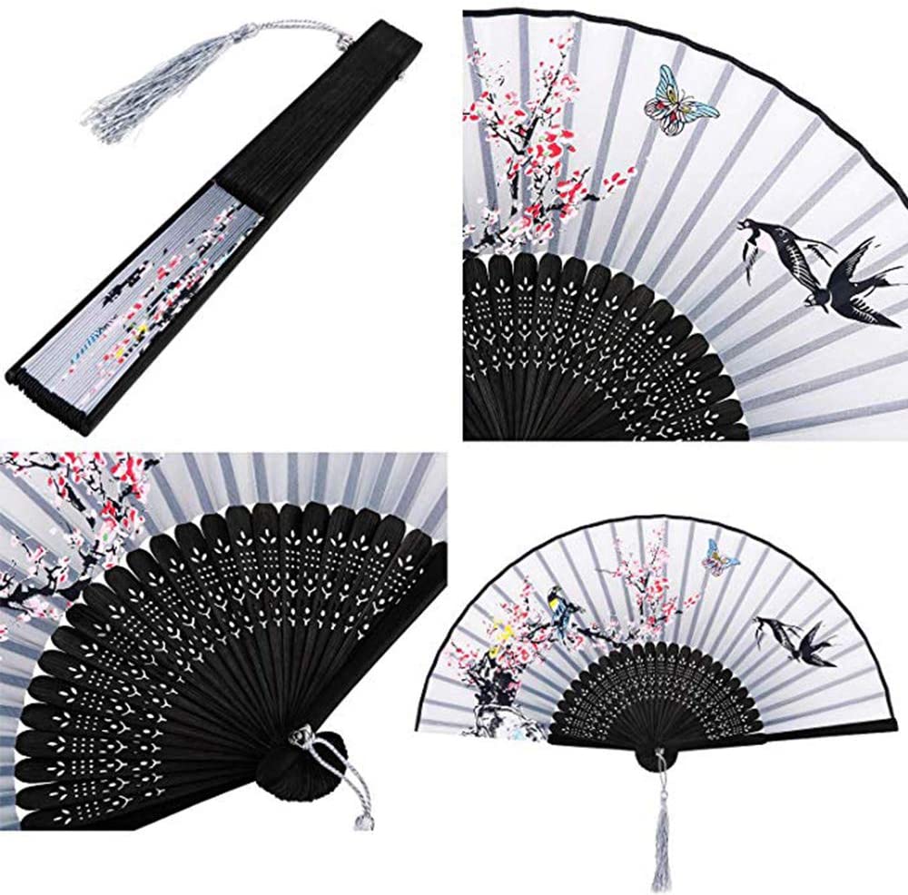 NETUME 4 Pieces Hand Folding Fans for Women Silk Fabric and Hollow Carved Bamboo Handheld Folding Fan - Image 3