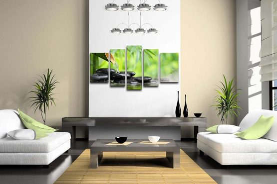 5 Panel Wall Art Green Spa Still Life With Bamboo Fountain And Zen Stone In Water Painting The Picture Print On Canvas Botanical Pictures For Home Decor Piece Stretched By Wooden Frame Ready To Hang - Image 2