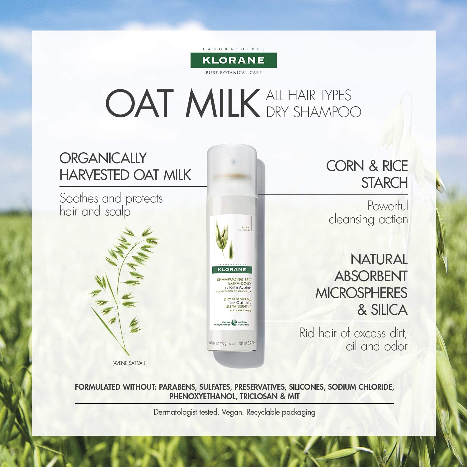 Klorane Dry Shampoo with Oat Milk Spray 50ml, 50 ml (Pack of 1) - Image 3