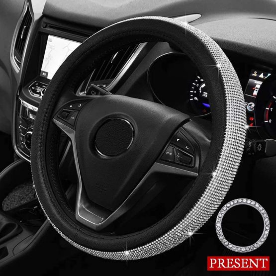 Pahajim Leather Car Steering Wheel Covers with Bling Bling Diamond, Soft Microfiber Steering Wheel Cover，Anti-slip，for Women Ladies (black-white)