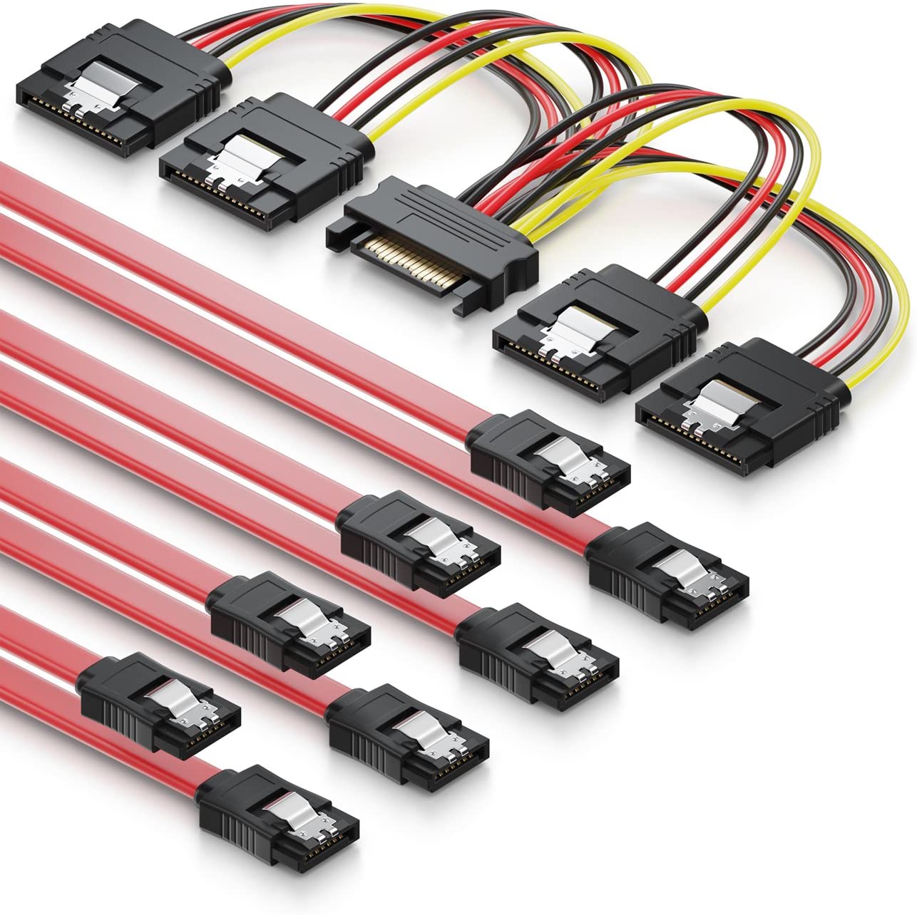 deleyCON SATA Cable Set 4x SATA III Cable with Straight Plugs + Power Adapter Cable, SSD HDD Hard Drive, red