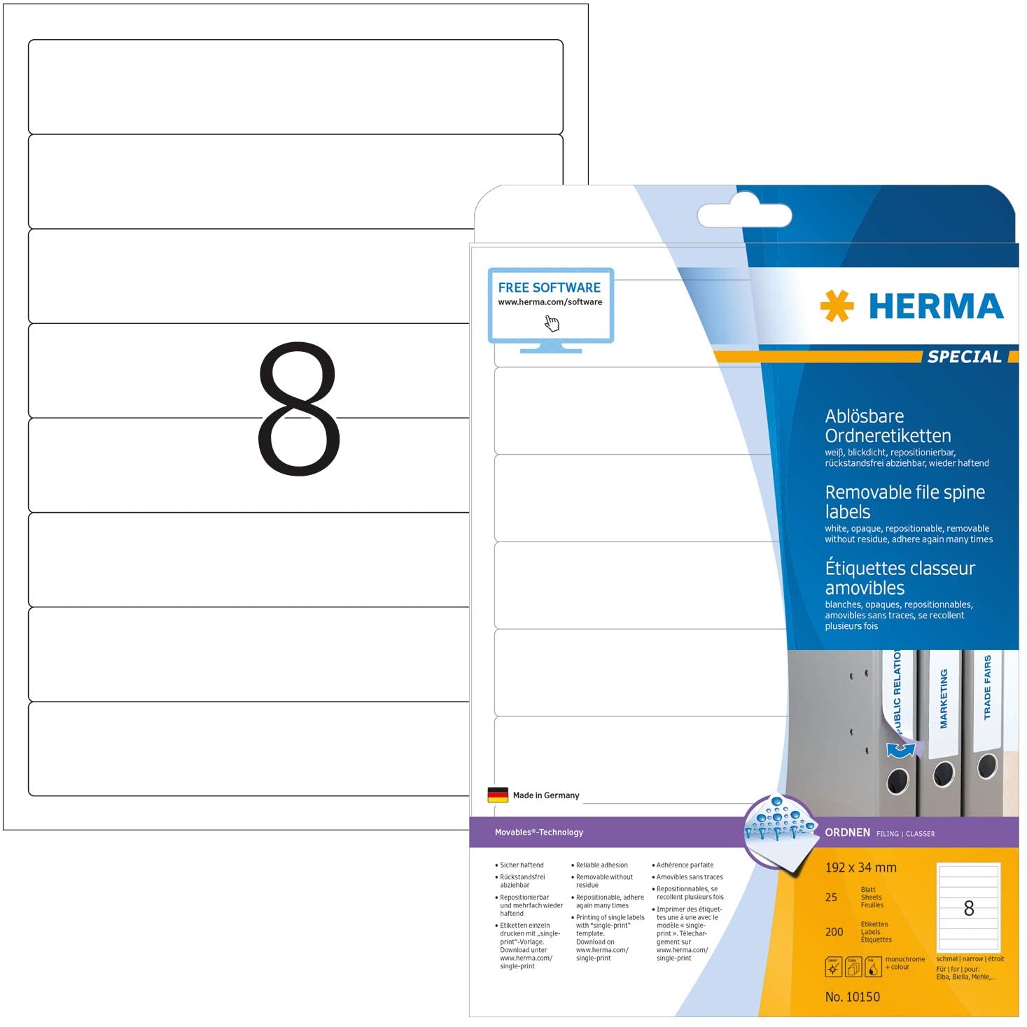 HERMA Self Adhesive Removable Spine Labels, 8 Labels per A4 Sheet, 25 Sheets, 192 x 34 mm, 200 Labels