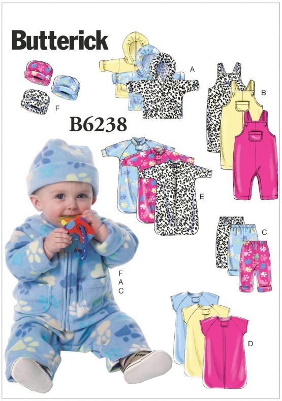 Butterick Patterns 6238 YA5,Infants Jacket,Overalls,Pants,Bunting and Hat,Sizes NB-S-M-L-XL, fleece, Multicolour, One Envelope