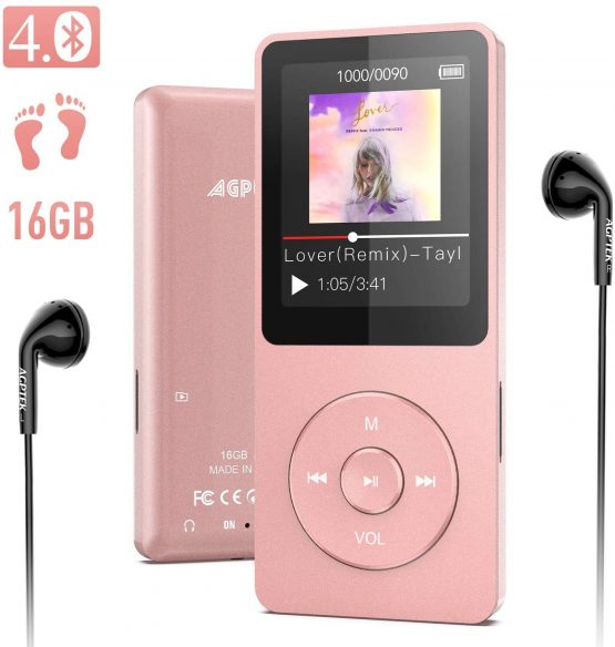 Bluetooth MP3 Player 16GB, 40Hrs Play Time, Potable Digital Audio Player Hi-Fi Lossless Sound Quality MP3 Music Player with FM Recording Video, Up to 128GB, AGPTEK A02ST Rose Gold