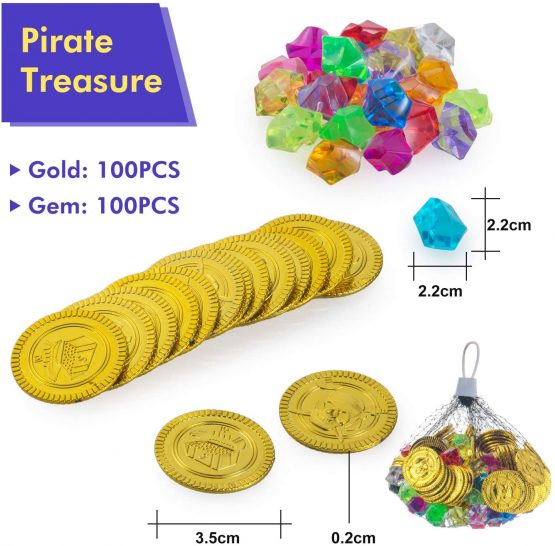 FORMIZON 100 Pcs Pirate Gold Coins and 100g Pirate Gems Jewelry Playset, Pirate Treasure Box Add Fun to the Pirate Theme for Kids, Earrings Rings Lock and Key (Pirate Gold Coins Treasure Chest) - Image 2