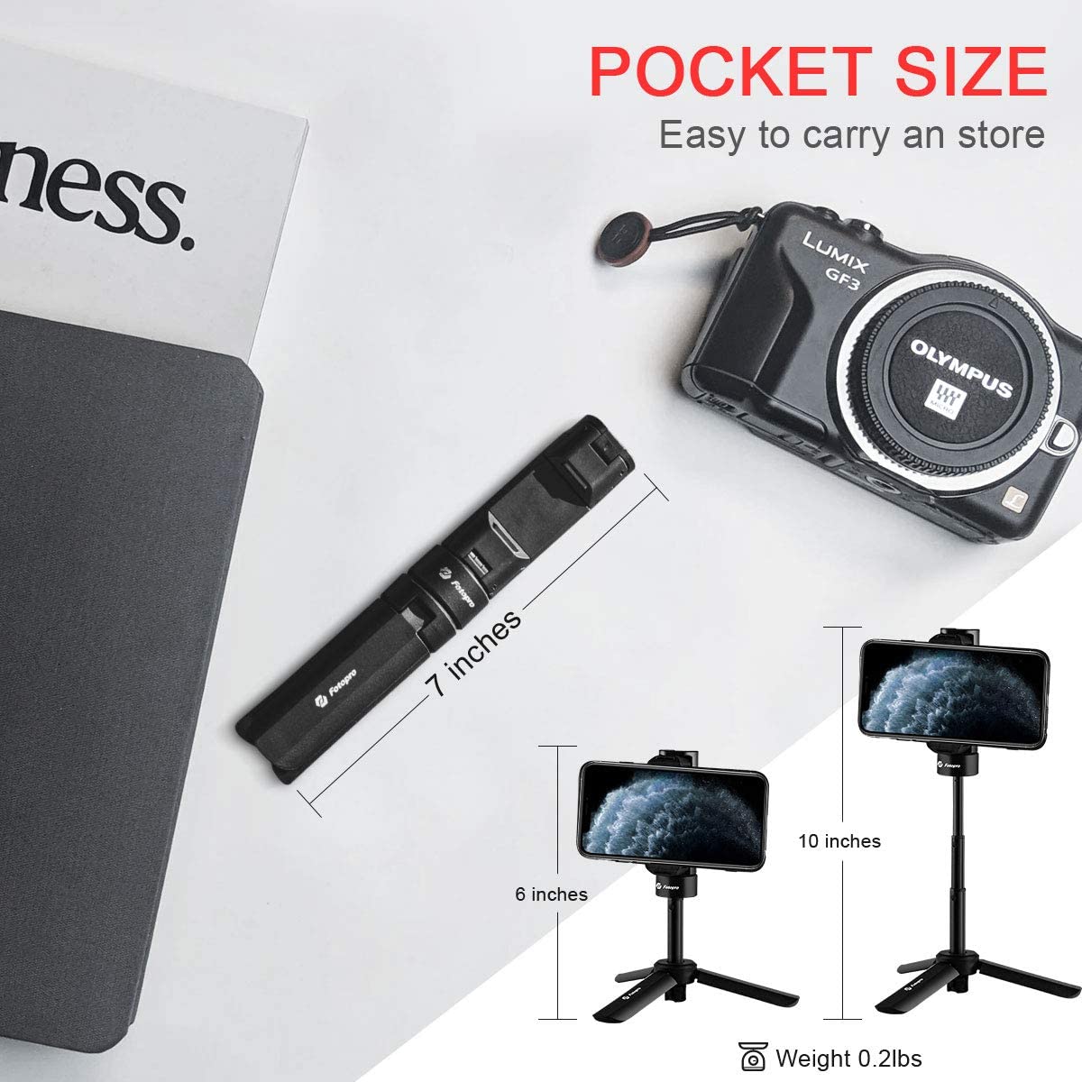 Fotopro Phone Tripod, 360 Rotation Extendable Tabletop Tripod, Travel Vlog with Cold Shoe Mount, Selfie Stick for iPhone Camera Webcam - Image 4