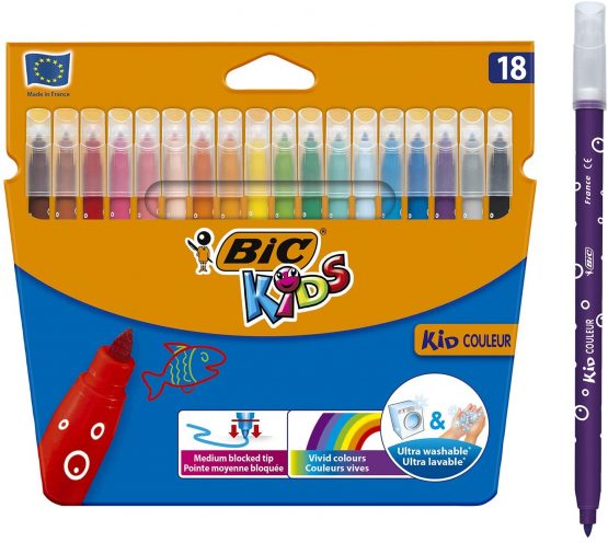 BIC Kids Kid Couleur Felt Tip Colouring Pens - Assorted Colours, Cardboard Wallet of 18