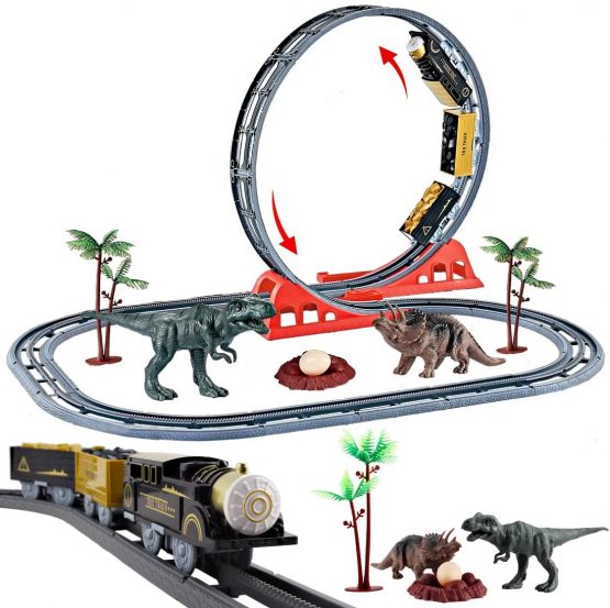 deAO Jurassic World Train Track Play Set with Dinosaur Toys, Tracks and Accessories – Great gift for Children