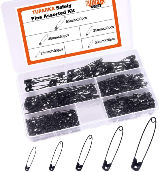 TUPARKA 300pcs Gold Safety Pins Assorted Safety Pins 25-55mm Sewing Accessories Kit for Baby Clothing Crafts & Arts with Storage Box(5 Sizes)