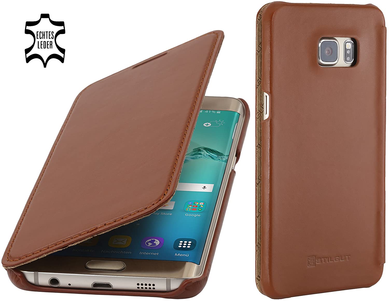 StilGut Case Compatible with Galaxy S6 edge+, Book Type Leather Flip Case, Cognac