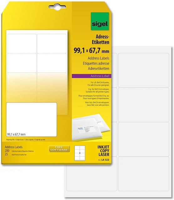 SIGEL LA322 Universal Address Labels, 9.91 x 6.77 cm, 200 lbl = 25 sheets, white