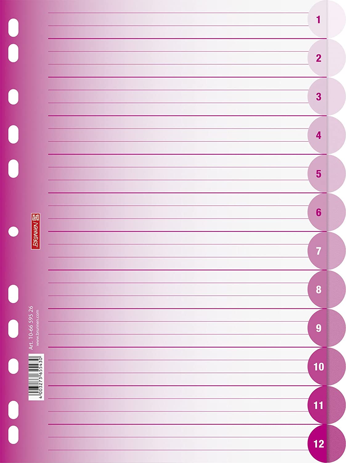 Brunnen 106659523 File Dividers Colour Code Ring Binders/Folders, Polypropylene, A4, 12 Tabs Pink