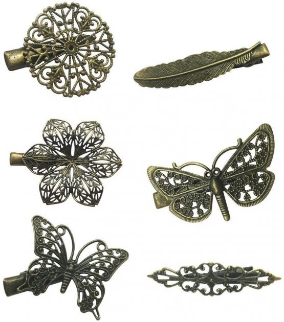 6 Assorted Vintage Hair Clips Pins Butterfly Dragonfly Flower Feather Women Girls