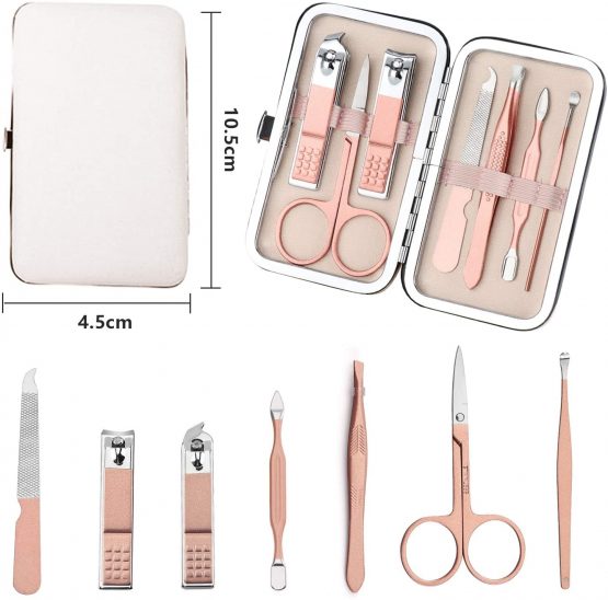 Nail Clipper Manicure Set, 7 In 1 Stainless Steel Professional Pedicure Kit Nail Scissors Grooming Kit with Black PU Leather Case for Travel & Home Use (Pink Leather) - Image 2
