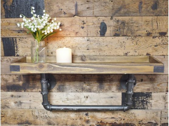 Homes on Trend Industrial Steampunk Style Wood & Metal Pipe Wall Shelf Storage Shelving Unit