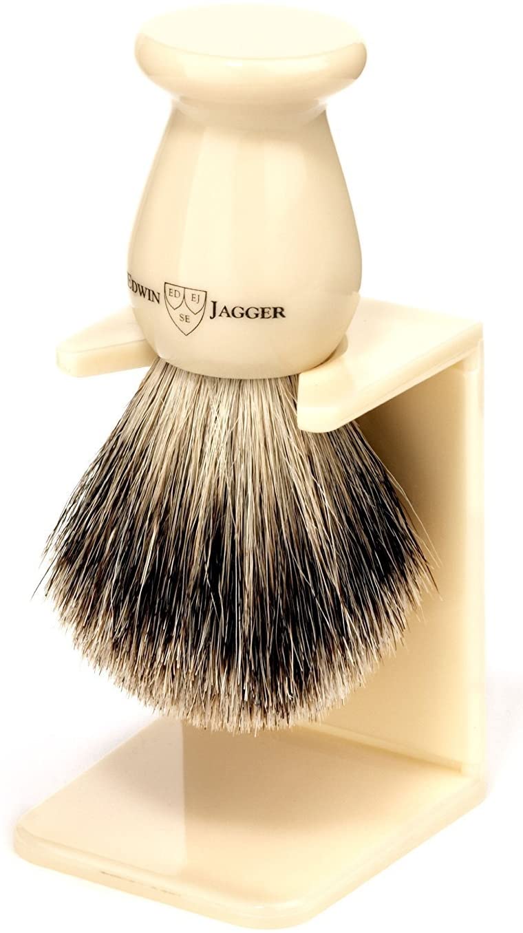 Edwin Jagger 1EJ947SDS Classic Best Badger Hair Exfoliating Shaving Brush with Stand for Shaving Cream or Shaving Soap for Men and Women (Imitation Ivory)
