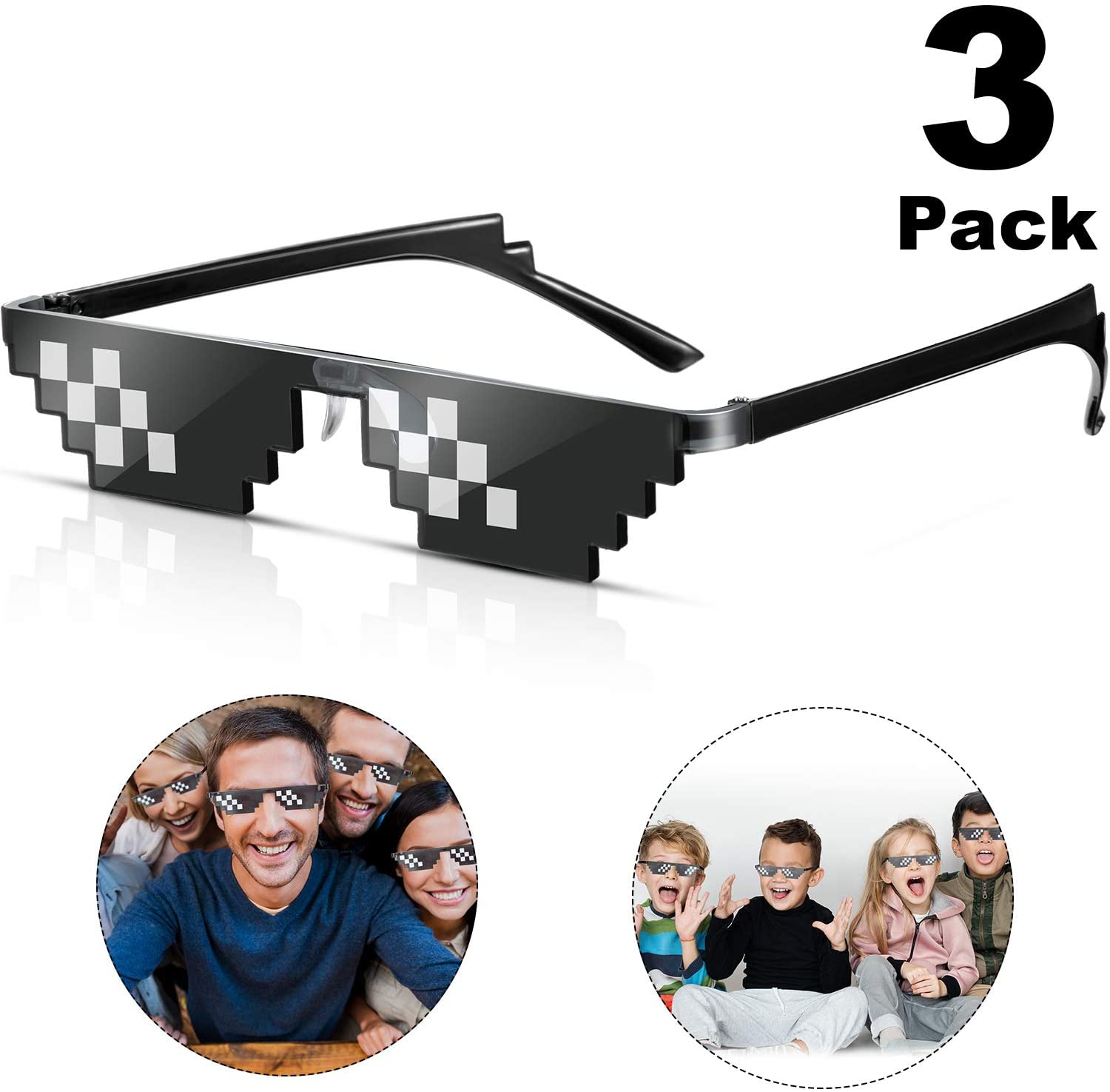 Frienda 3 Pairs Pixel Sunglasses Thug Sunglasses Cool Thug Glasses Plastic Pixel Sunglasses