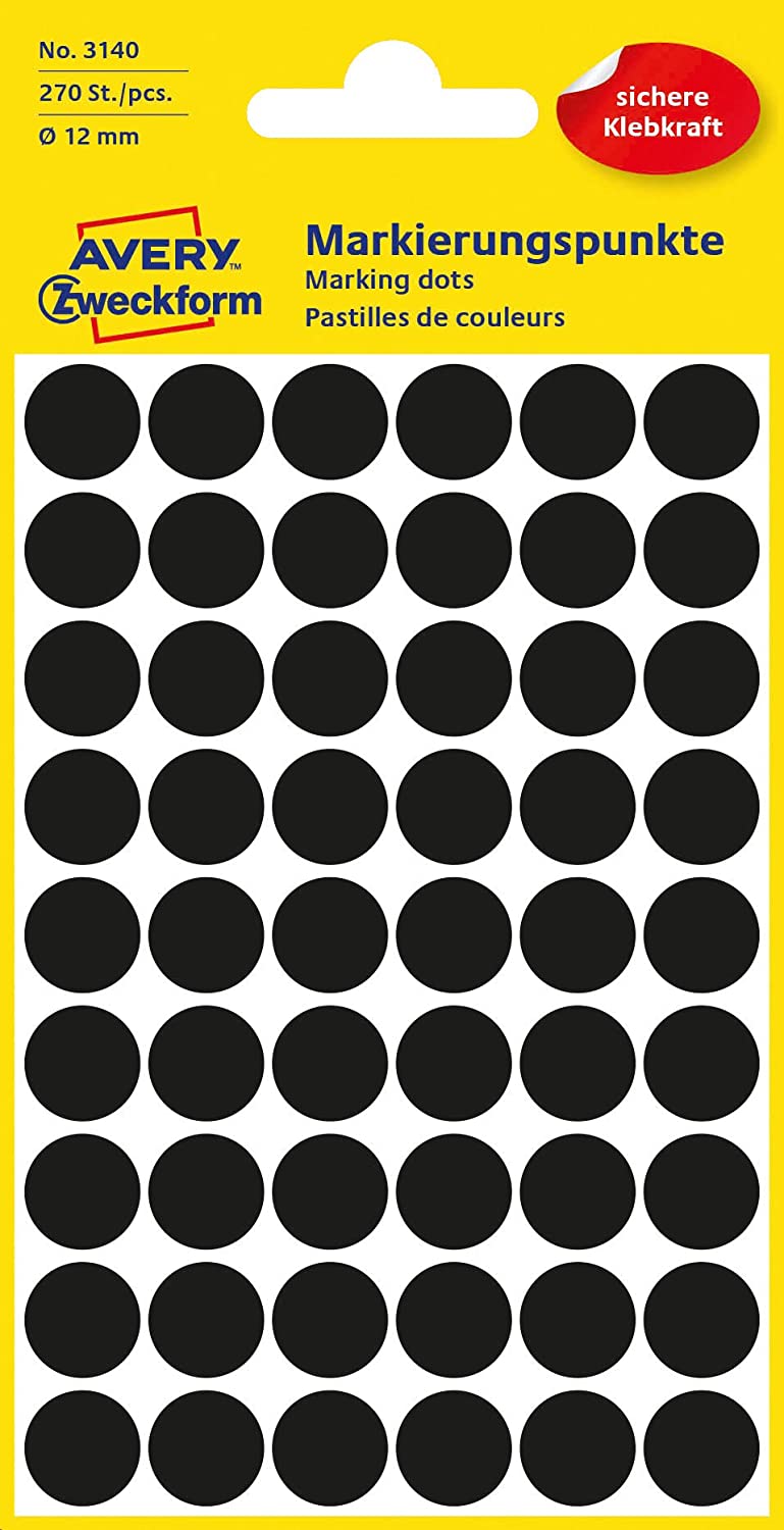 Avery Colour Coding Dots ø12mm 270 Labels Black, diamètre 12