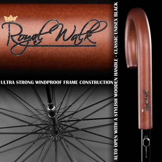 Royal Walk Windproof Umbrella Black Large 54 Inch Automatic Open for 2 Persons Stormproof for Men Women Classic Wooden Handle Lightweight Waterproof Durable Strong 16 Ribs Travel Golf Unisex 120cm - Image 3