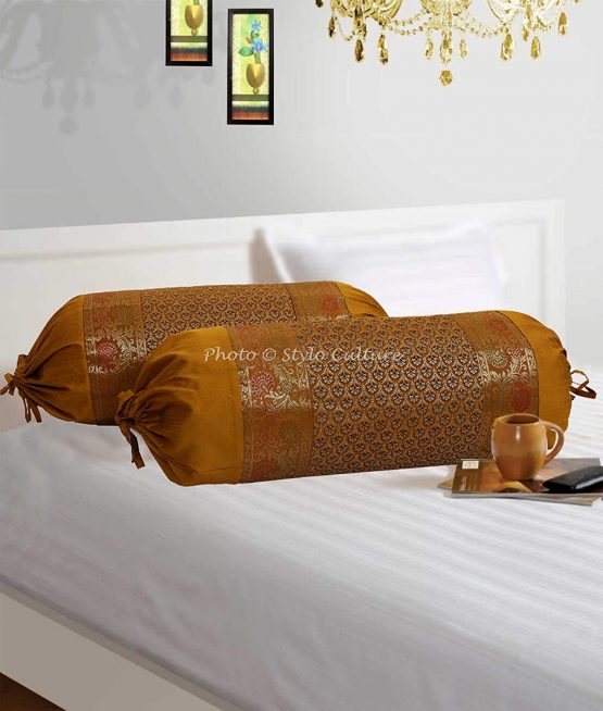 Stylo Culture Indian Polydupion Cylindrical Hotdog Decorative Bolster Pillow Covers Gold Jacquard Brocade Border Floral Large Settee Cylinder Cushion Covers (Set of 2) | 30x15 Inches (76x38 cm)