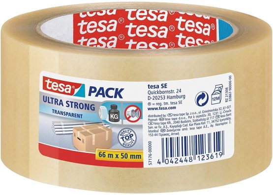 tesapack Ultra Strong - PVC Packing Tape for Firm Packaging and Secure Packing - transparent - 66 m x 50 mm