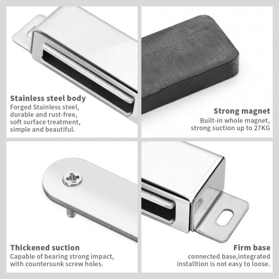 Magnetic Door Catch, 27KG Cupboard Cabinet Magnets Heavy Duty 4 Pack, Strong Stainless Steel Wardrobe Latches with Screws for Kitchen Drawer Closet Door Closures Closer, 95mm - Image 2