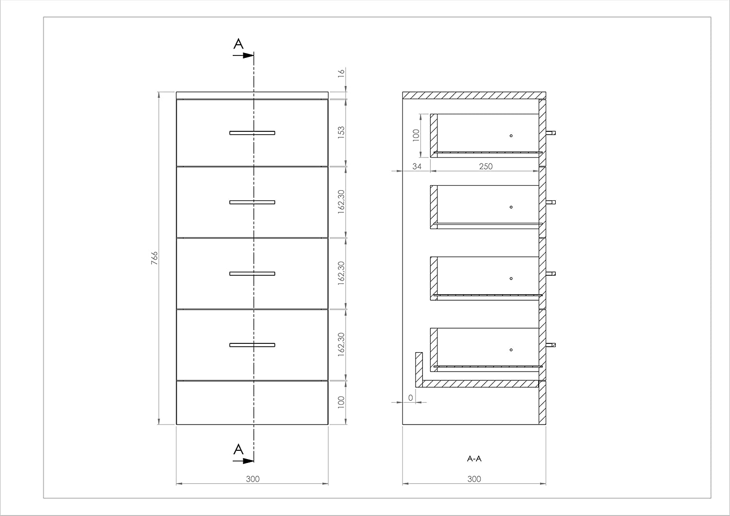 VeeBath NDSW4300 Linx Free Standing 4 Drawer Bathroom Cupboard High Gloss White Storage Furniture Cabinet Unit - 300 x 300mm - Image 3