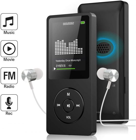 MP3 Player with FM Radio and Voice Recorder, Ultra Slim Music Player with Video Play Text Reading and Build-in Speaker Support up to 128GB, Earphone Included (Black)