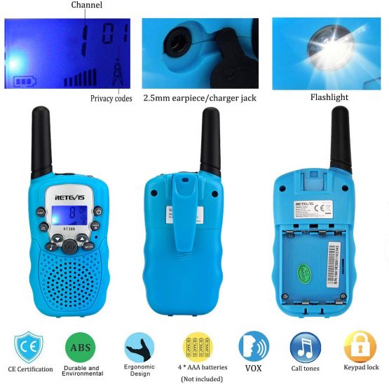 Retevis RT388 Walkie Talkies for Kids, Long Range Rechargeable Toy Gift for 3-12 Years old kids, VOX Flashlight, for Camping, Family outdoor Adventures (1 Pair, Black) - Image 3