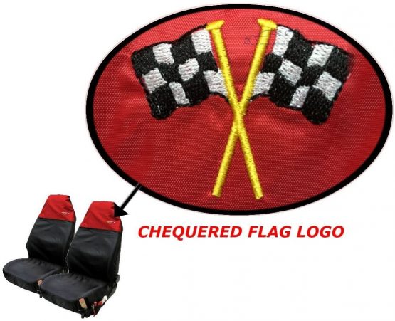 XtremeAuto® Waterproof FRONT Seat Covers with Chequered Flag Logo (Red) - Image 2
