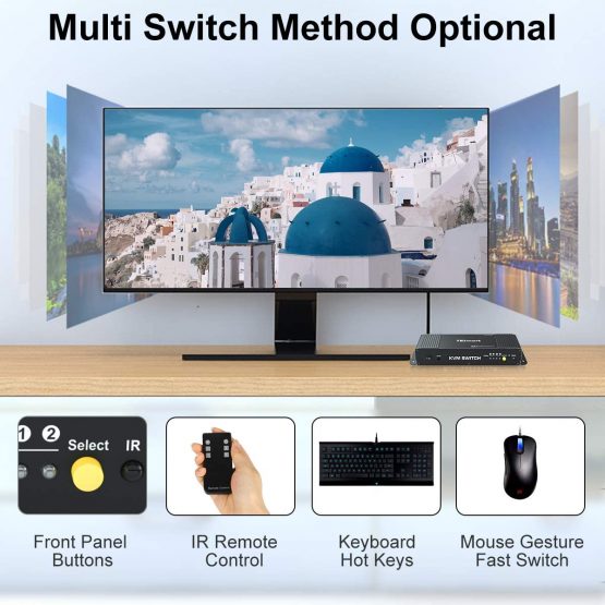 TESmart 2 in 1 out HDMI KVM Switch 4K@60Hz 4:4:4 Ultra HD 2 PCs 1 Monitor with Extra USB 2.0 Port&L/R Audio Output Control up to 2 PCs/Servers/DVR includes 2 pcs of 1.5 m KVM Cables-Matte Black - Image 3