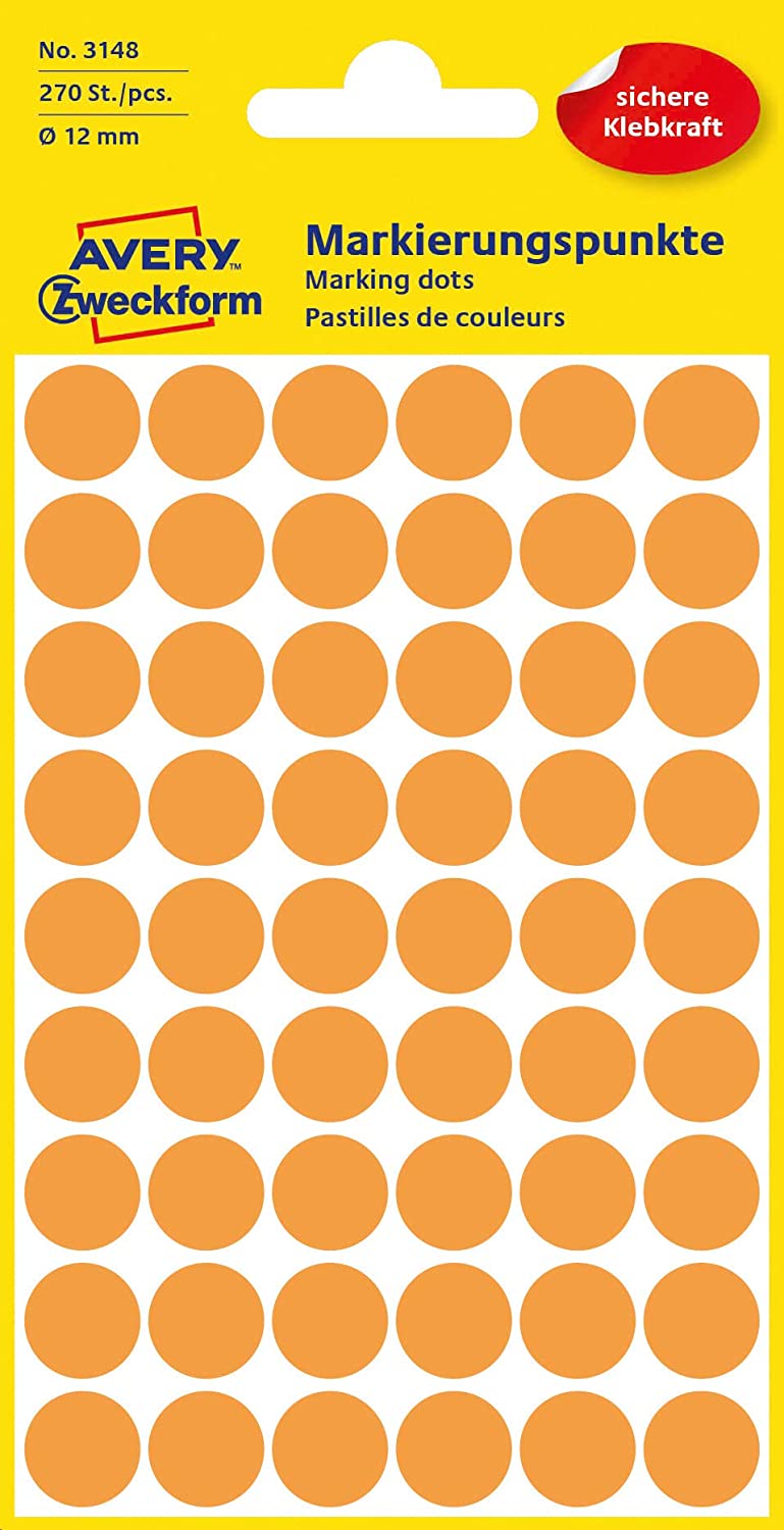Avery Zweckform 3147 Marking dots 5 Blatt, 270 Etiketten Bright Orange, diameter 12 mm (1 Pack)