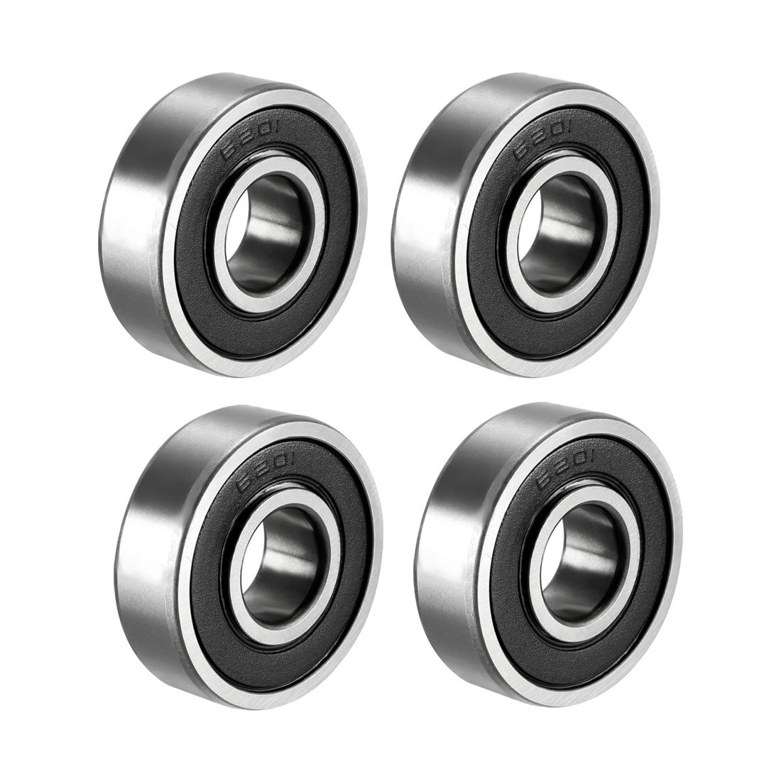sourcing map 6201-2RS Ball Bearing 12mm x 32mm x 10mm Double Sealed 180201 Deep Groove Bearings, Carbon Steel (Pack of 4)