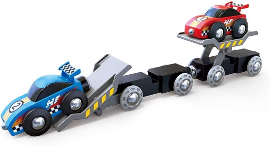 Hape E3735 Race Car Transporter Railway Engine - Wooden Train Track Accessories - Image 4