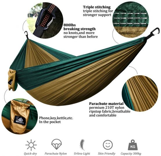 NatureFun Ultra-Light Travel Camping Hammock | 300kg Load Capacity,(300 x 200 cm) Breathable,Quick-drying Parachute Nylon | 2 x Premium Carabiners,2 x Nylon Slings Included | For Outdoor Indoor Garden - Image 3
