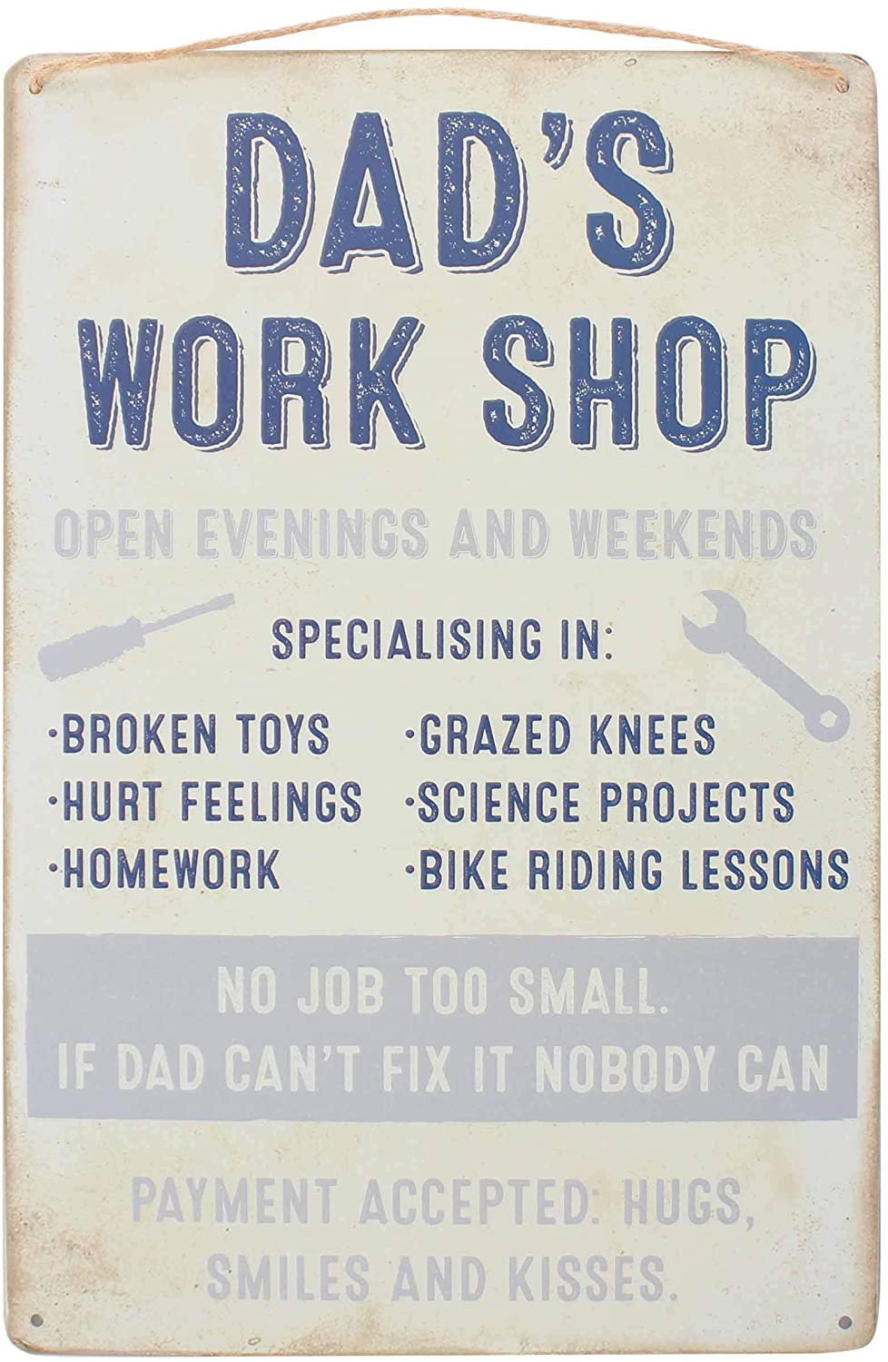 Dad's Work Shop Hanging Sign, White and Blue, H: 30cm x W: 20cm