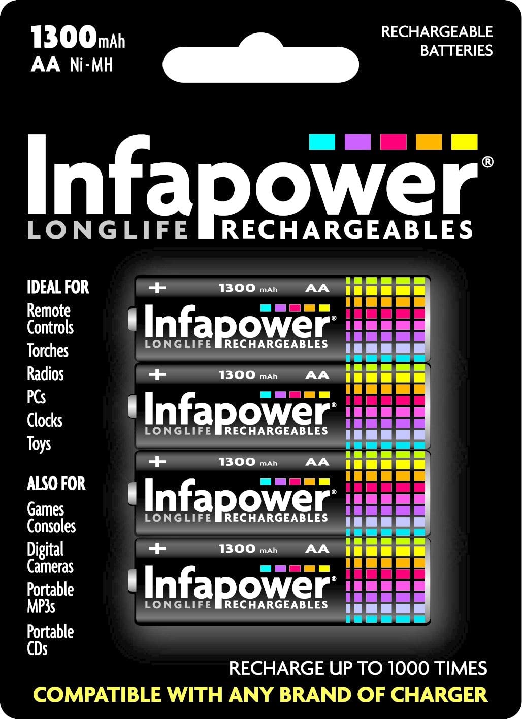 Infapower AA 1300mAh with 4 Rechargeable Batteries, Black