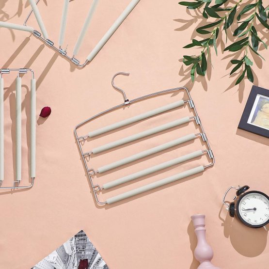 SONGMICS Trousers Hangers, Set of 3 Space-Saving Multi-Bar Metal Pants Hangers, Stable with Non-Slip Padding, Swing Bars for 5 Jeans Each, Suit Pants, Scarves, Ties, Grey and Silver CRI041GY - Image 3