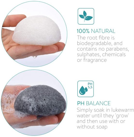 Navaris Set of Konjac Sponges - 3x Natural Exfoliating and Cleansing Sponge Shower Puffs for Face and Body including Bamboo Charcoal and Green Tea - Image 3