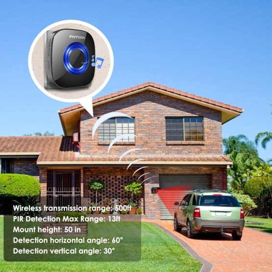 PHYSEN Driveway Sensor Alarm, Driveway, Garden and Shed Sensor, Wireless Alarm Chime Kit with Loud Audio(0-110db), 3 Levels Adjustable Sensitivity to Avoid False Alarm, 58 Chimes, LED Flash - Image 2