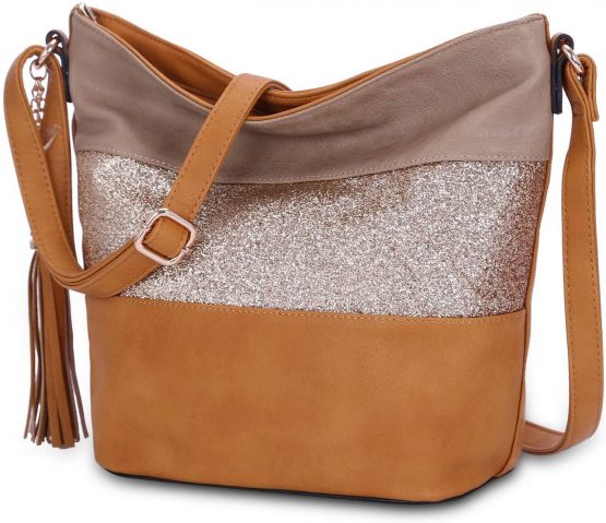 CRAZYCHIC - Women's Glitter Crossbody Bag - Hobo Bucket Bag Striped PU Leather - Shoulder Messenger Handbag Sparkle - Evening Clutch Party Bag - Tote Purse Casual Fashion Travel City - Coffee - Image 4