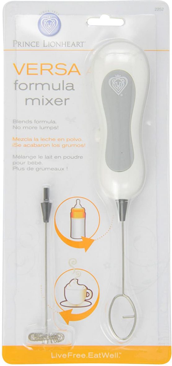 Prince Lionheart Versa Formula Mixer | Milk Mixing Device | 2 x AA Battery Operated | Two Interchangeable Wands | Baby Feeding On-The-Go | Long Wand For Large Bottles | Milk Frother – White & Grey