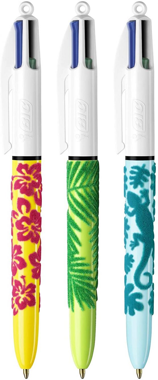 BIC 4 Colours Velours Ball Pens Medium Point (1.0 mm) - Assorted Barrel Designs, Pack of 3, Black - Image 2