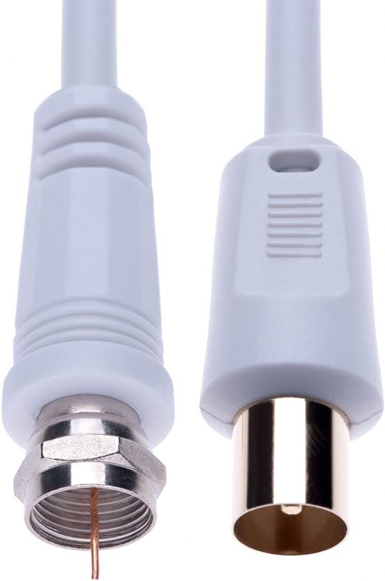 Coaxial Aerial F Connector Male Plug to RF M-Male Cable for Satellite Sat Freesat Sky Virgin BT TV HDTV DVB DVD Radio/Coax Ariel Freeview Lead Television Antenna Cord Broadband – 1 m White